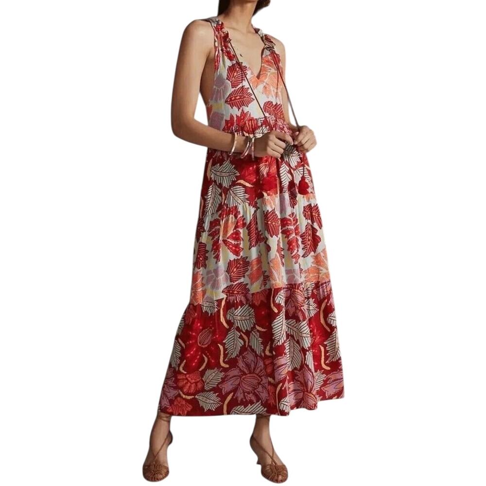 Anthropologie Omika Dress M Red‎ Orange Floral Maxi Boho Tiered Tassel Pockets